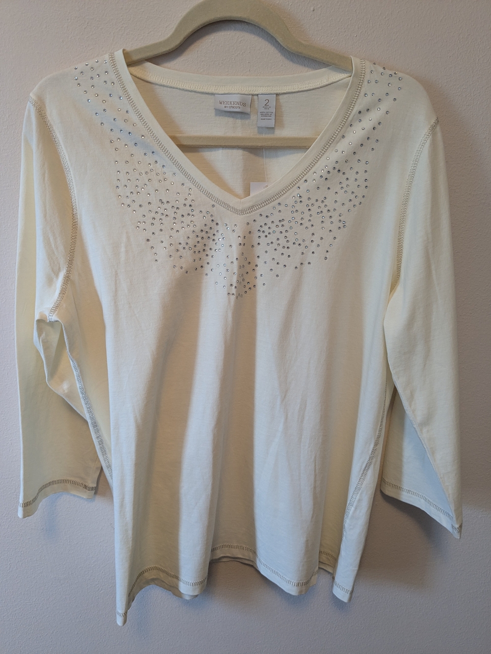 Chico's Cream V-Neck Long Sleeve Top with Rhinestone Accents